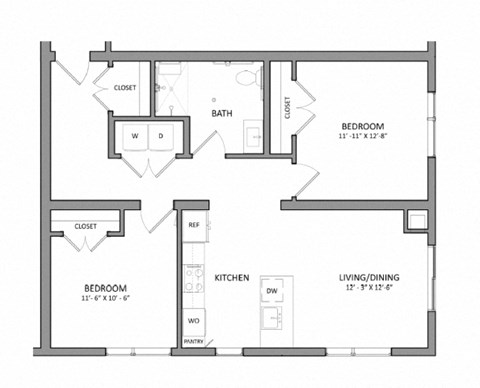 Floor plan for 2 beds, 1 bath, 895 sqft